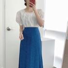 Puff-sleeve Crochet Plain Blouse / High-waist Polka Dot Split Midi Skirt