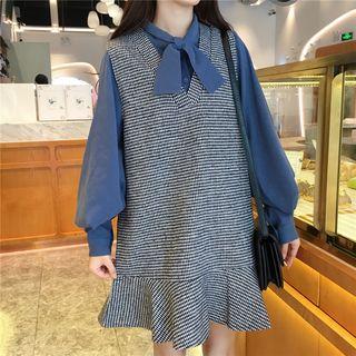 Bow Neck Shirt / Plaid Jumper Dress