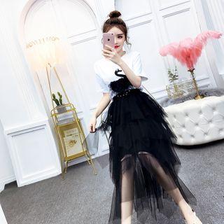 Short-sleeve Embellished T-shirt / Mini A-line Mesh Skirt