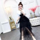 Short-sleeve Embellished T-shirt / Mini A-line Mesh Skirt
