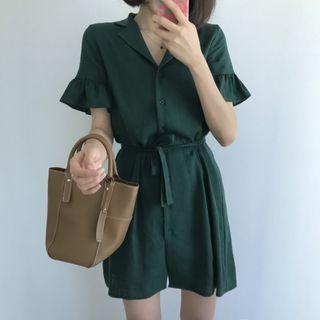 Plain Frill Trim Collared Short Sleeve Dress