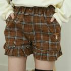Bear-embroidery Frilled Plaid Shorts Brown - One Size