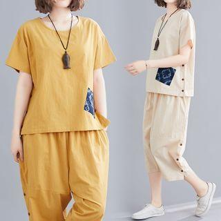 Set: Pocket Detail Short-sleeve Blouse + Cropped Harem Pants