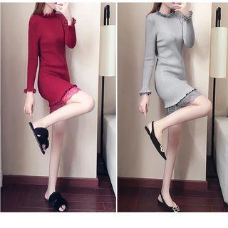 Long-sleeve Mock Neck Lace Panel Mini Bodycon Knit Dress
