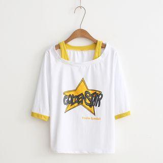 Mock Two Piece Star Printed Elbow Sleeve T-shirt