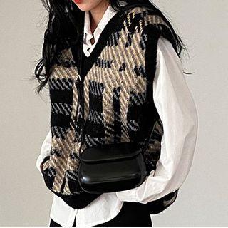 V-neck Plaid Sweater Vest / Asymmetrical Mini A-line Skirt / Shirt
