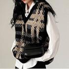 V-neck Plaid Sweater Vest / Asymmetrical Mini A-line Skirt / Shirt