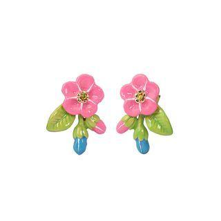 Fashion And Elegant Plated Gold Enamel Pink Flower Stud Earrings With Yellow Cubic Zirconia Golden - One Size