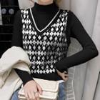 Long-sleeve Mock-neck Knit Top / Argyle Sweater Vest