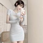 Set: Short-sleeve Cutout Knit Mini Dress + Arm Sleeves Arm Sleeves - Cream Blue - One Size / Dress - Cream Blue - One Size