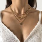 Set Of 3: Heart Alloy Layered Pendant Necklace Gold - One Size