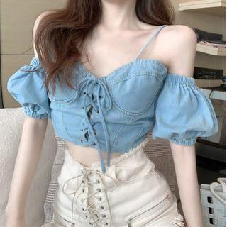 Puff-sleeve Lace-up Denim Top Blue - One Size