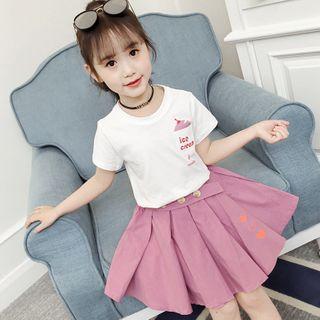 Set: Ice-cream Print Short-sleeve T-shirt + Pleated Mini A-line Skirt