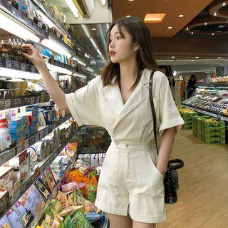 Notched-lapel Pocket-detail Playsuit Light Beige - One Size
