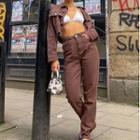 Set: Plain Denim Jacket + High Waist Straight Leg Pants