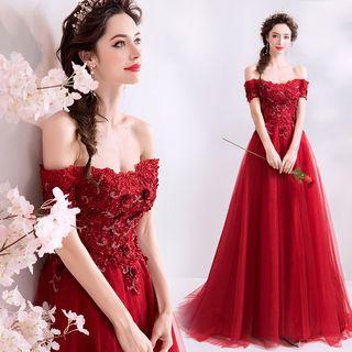 Short-sleeve Flower Detail A-line Evening Gown
