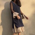 Set: Bell-sleeve Midi Dress + Corduroy Pinafore Dress