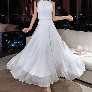 Sleeveless Cropped Top / Maxi A-line Chiffon Skirt / Set