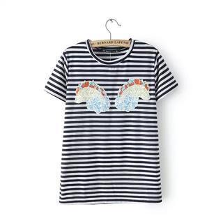 Short-sleeve Applique Striped T-shirt