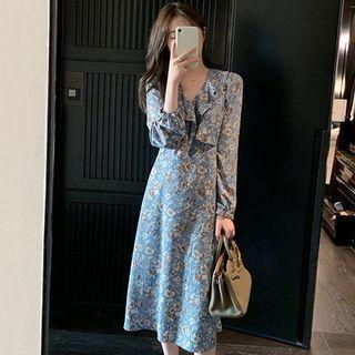 Ruffle Flower Print Long-sleeve Midi Shift Dress