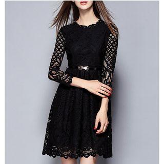 Lace Panel 3/4 Sleeve A-line Dress