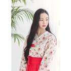 Set: Contrast-trim Rose Print Hanbok Top + Skirt
