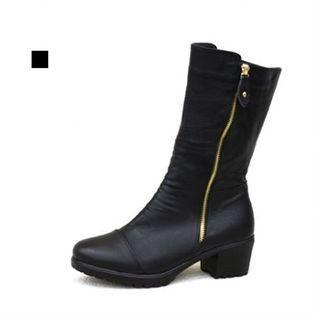 Genuine Leather Zip-trim Mid-calf Boots