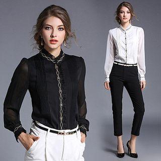 Long Sleeve Frilled Trim Pleated Chiffon Blouse