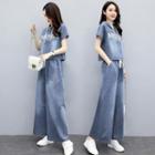 Set: Hooded Denim Top + Wide Leg Jeans