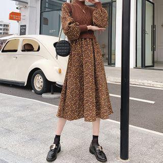 Puff-sleeve Floral Print Knit Panel Midi A-line Dress