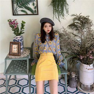 Flower Print Polo Knit Top / Belted A-line Skirt