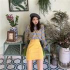 Flower Print Polo Knit Top / Belted A-line Skirt