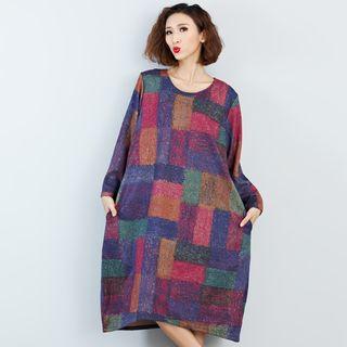 Checked Long Sleeve Midi Dress