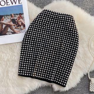 Stud Pencil Mini Skirt Black - One Size