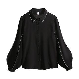 Contrast Trim Lantern-sleeve Blouse