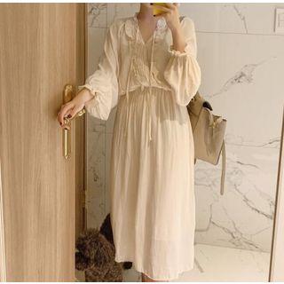 Lantern-sleeve Midi A-line Dress Beige - One Size