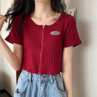 Short-sleeve Ribbed Zip Knit Top