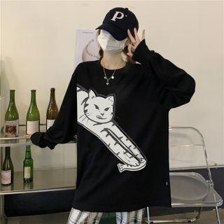 Long-sleeve Cat Print T-shirt Black - One Size