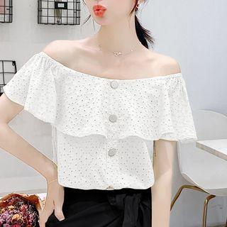 Short-sleeve Perforated Ruffled Top