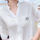 Plain V-neck Loose-fit Short-sleeve Linen Shirt