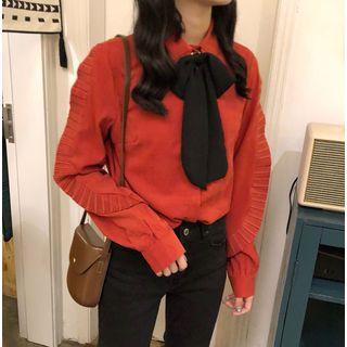 Pleated Trim Long Sleeve Lace-up Blouse