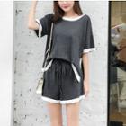 Set: Contrast Trim Short-sleeve Knit Top + Drawstring Knit Shorts