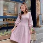 Embroidered Flared-sleeve A-line Knit Dress