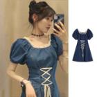 Short-sleeve Lace-up Denim A-line Dress