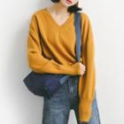 Plain V-neck Knit Sweater Camel - One Size