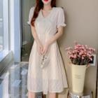 Short-sleeve Faux Pearl Collared Midi A-line Dress