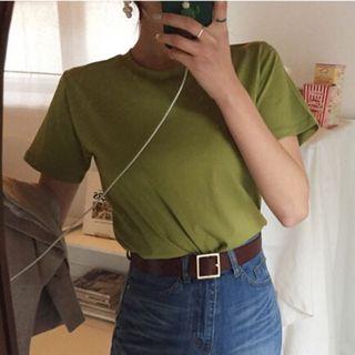 Short-sleeve Plain T-shirt Avocado Green - One Size