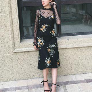 Set: Dotted Long Sleeve Mesh Top + Floral Print Spaghetti Strap Dress