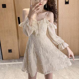 Lace Ruffle Cold Shoulder A-line Dress