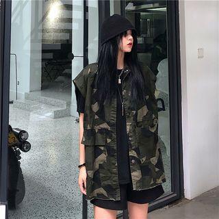Camo Print Buttoned Cargo Vest Camouflage Green - One Size